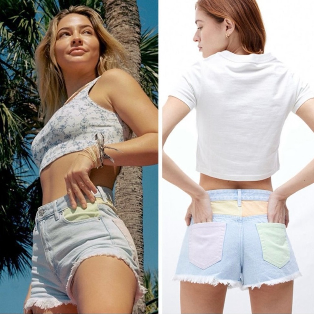 NWT PacSun Eco Rainbow Paneled High Waisted Denim Festival Shorts